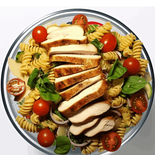 Ensalada Fussilli Pollo a la parrilla, con jitomate cherry, lechuga romana y cebolla morada