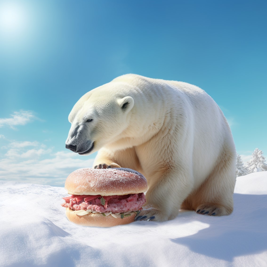 oso polar comiendo una hamburguesa congelada