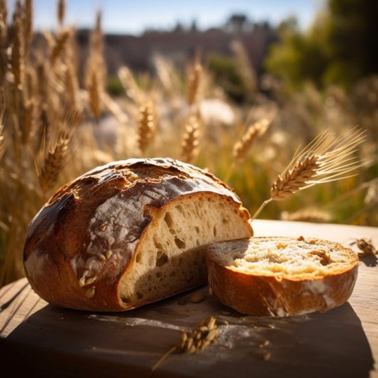 Pan de trigo integral con fondo de trigo en exterior.