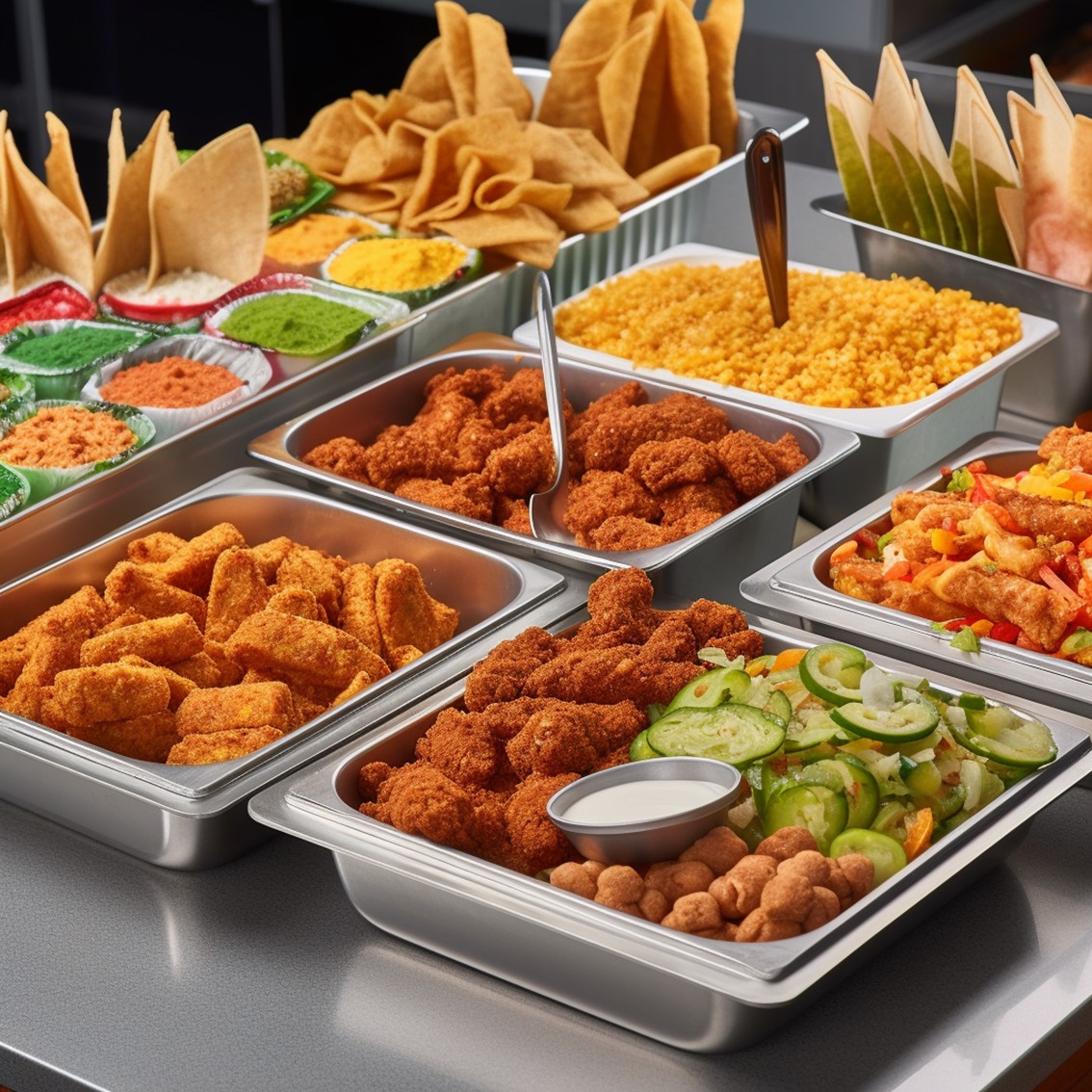 barra de ensalada con pollo a la parrilla pollo empanizado wraps de pollo y de arrachera