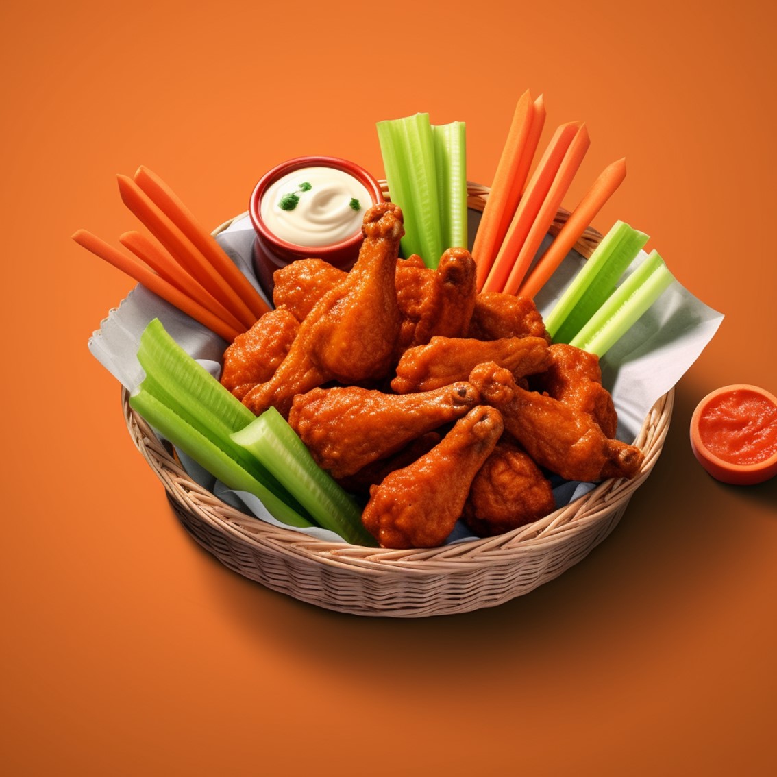 charola de 18 alitas con salsa buffalo acompañadas de pepino zanahoria y apio con aderezo