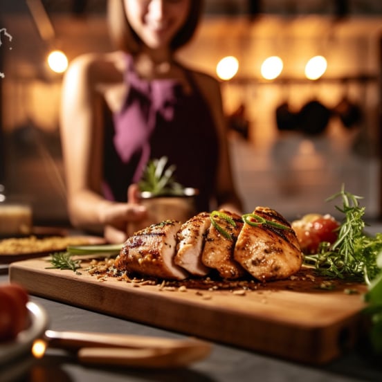 Pollo a la parrilla sobre tabla para picar.
