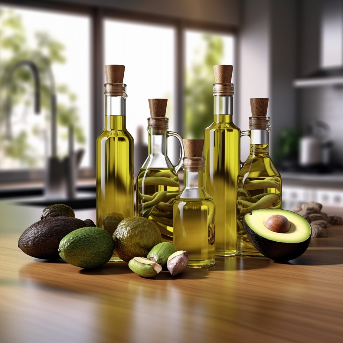 diversity of types of cooking oil in modern kitchen.